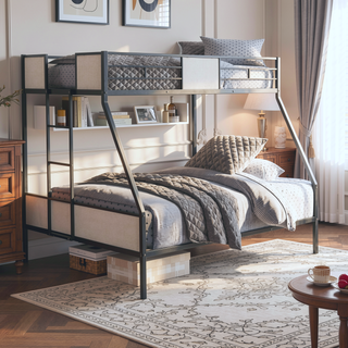 Sunvega Contemporary Black Metal Twin Over Full Bunk Bed with Ladder
