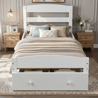 Sunvega Twin Bed Frame with Storage Drawer and Wood Slat Support No Box Spring Needed