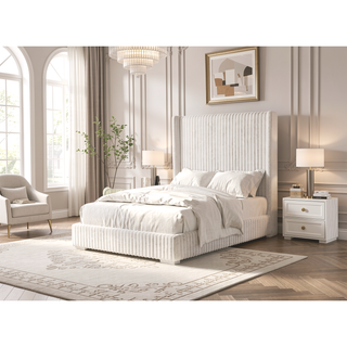 Sunvega Contemporary White Fur Chenille Fabric Mattress Ready Queen Size Bed