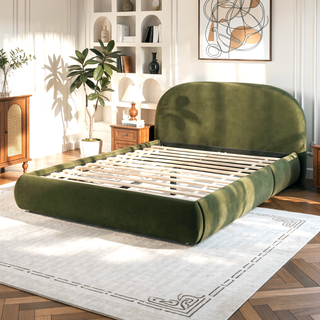 Sunvega Almond White King Upholstered Platform Bed with Arch Puffy Headboard