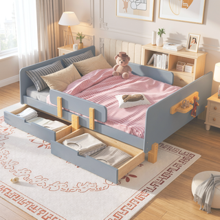 Sunvega Twin Size Solid Wood Platform Bed with Storage Drawers and Guardrail