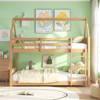 Sunvega Twin Over Twin Wooden House Bunk Bed with Headboards Footboards Guardrails Ladder