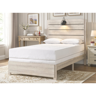 Sunvega Traditional Rustic Style Weathered Cream White Full Size Platform Bed with Lamps