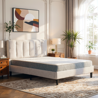 Sunvega Modern Channel Tufted Linen Upholstered Full Size Platform Bed Frame