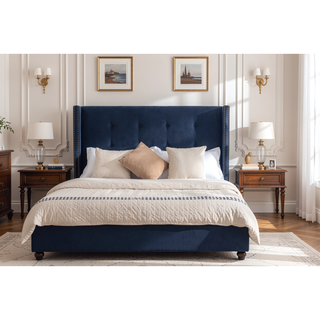 Sunvega Blue Velvet King Bed with Nailhead Trim Wingback and Buttoned Tufting