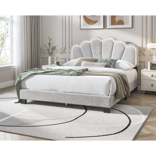 Sunvega White Queen Size Upholstered Wool Floral Headboard Bed with LED Lights