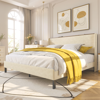 Sunvega Queen Size Metal Platform Bed with Storage Headboard and USB Charging Station