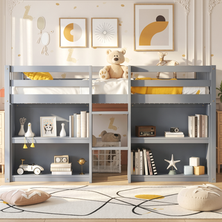 Sunvega Low Loft Bed With Two-Tier Shelves LED Light And Guardrail For Kids