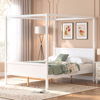 Sunvega Modern White Queen Size Canopy Platform Bed with Headboard and Footboard