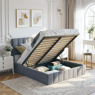 Sunvega Upholstered Platform Bed with Hydraulic Storage System in White Linen