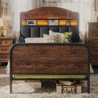 Sunvega Kids Full Metal Bed with Upholstered Headboard LED Lights and Storage