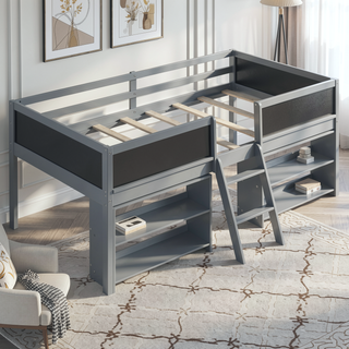 Sunvega Twin Size Low Loft Bed with Movable Shelves Ladder and Decorative Chalkboard Guardrail