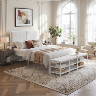 Sunvega Full Size Metal Platform Bed with Two Tier Storage Shelves and Wooden Cabinet