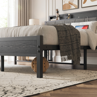 Sunvega Full Size Bed Frame with Storage Headboard and Charging Station Outlets