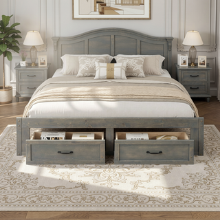 Sunvega Antique Natural Queen Size Platform Bed with 6 Spacious Storage Drawers