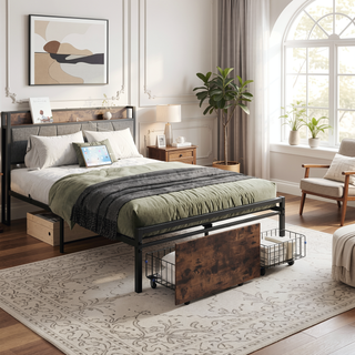 Sunvega Full Size Bed Frame with Storage Headboard and Charging Station Outlets