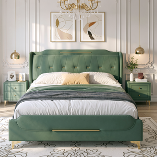 Sunvega Queen Size Leather Bed Frame with Wingback Headboard and Gold Metal Decor