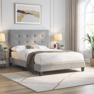 Sunvega King Size Upholstered Platform Bed with Button Tufted Linen Headboard