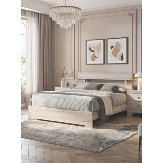 Sunvega Rustic Contemporary Platform Bed Frame with White Wash Finish and Slat Headboard