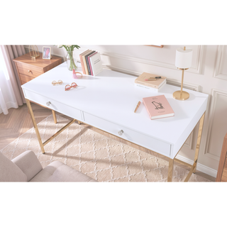 Sunvega White High Gloss Gold Finish Contemporary Vanity Desk with 2 Storage Drawers