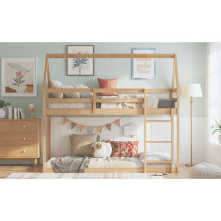 Sunvega Rubber Wood Twin over Twin Bunk Bed with Ladder and Guardrails