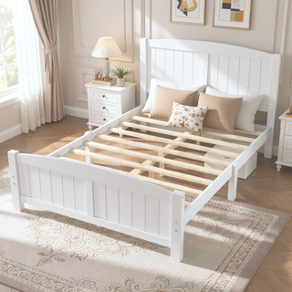 Sunvega White Solid Wood Queen Platform Bed with Slats No Box Spring Needed