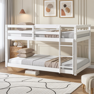 Sunvega Twin over Twin Floor Bunk Bed with Ladder and Strengthened Slats in Espresso