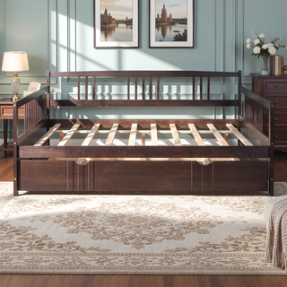 Sunvega Full Size Daybed with Twin Trundle Solid Wood Frame for Living Room