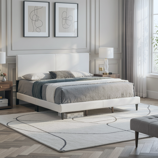 Sunvega White Faux Leather Upholstered Queen Bed with Adjustable Headboard