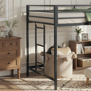 Sunvega Sturdy Metal Loft Bed Frame with Guardrails and Ladder for Kids Bedroom