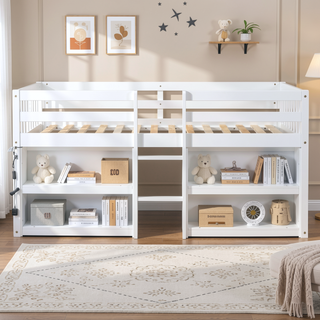 Sunvega Low Loft Bed With Two-Tier Shelves LED Light And Guardrail For Kids