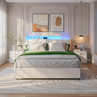 Sunvega Queen Bed Frame with Ergonomic Headboard Outlets Charger LED Light Storage