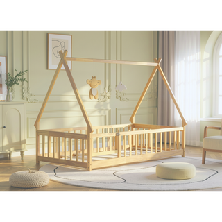 Sunvega Twin Tent Teepee Bed with Guardrails Slats and Door in Grey