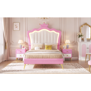 Sunvega Twin Size Princess Bed Frame with Crown Headboard and LED Lights