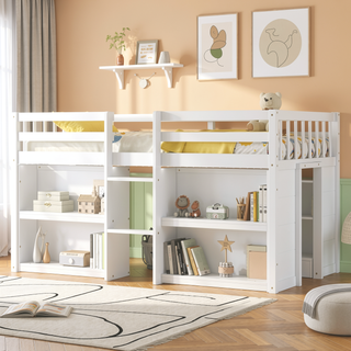Sunvega Low Loft Bed With Two-Tier Shelves LED Light And Guardrail For Kids