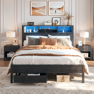 Sunvega Twin Size Bed Frame with Storage Headboard, Charging Station, and Bookcase