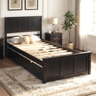 Sunvega Twin Size Platform Bed with Trundle in Espresso Made of Solid Wood