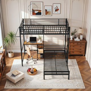 Sunvega Twin Over Twin Metal Bunk Bed with L-Shaped Desk Station and Storage Shelves