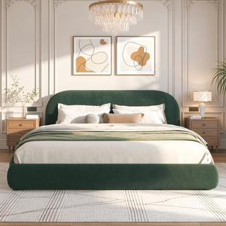 Sunvega Cream Upholstered Bed with Curved Headboard and Granular Fabric
