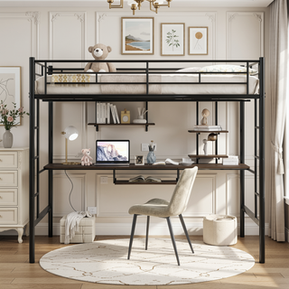 Sunvega Full Loft Bed with Desk and Shelf, Space Saving Design in Black