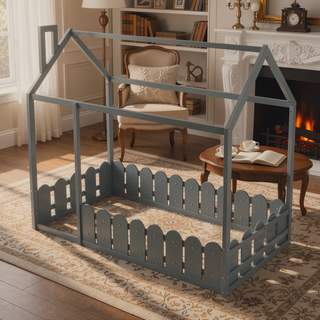 Sunvega Twin Size House Bed Frame with Fence and Roof for Kids and Teens