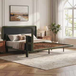 Sunvega Floating Bed Frame with Modern PU Leather Upholstery and Remote LED Lights Queen Size