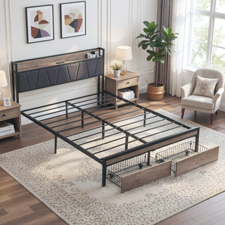 Sunvega Full Size Metal Platform Bed Frame with Upholstery Storage Headboard and Footboard