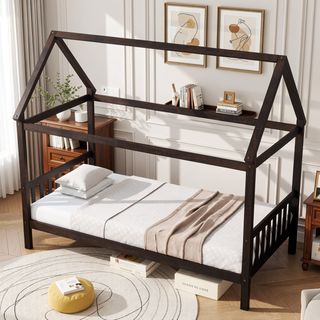 Sunvega Twin Rubber Wood House Bed with Headboard and Footboard in Light Grey