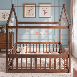 Sunvega Full Size House Bed Frame with Playhouse Fence and Roof for Kids