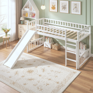 Sunvega Twin Size Loft Bed with Slide and Ladder for Kids Bedroom in Gray