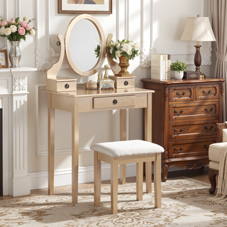 Sunvega Pink Wood Makeup Vanity Table and Stool Set with Mirror and Storage Drawers