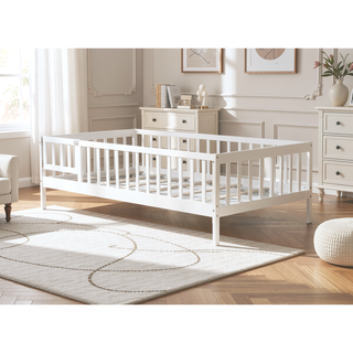 Sunvega Natural Rubber Wood Twin Size Floor Bed with Safety Guardrails and Door