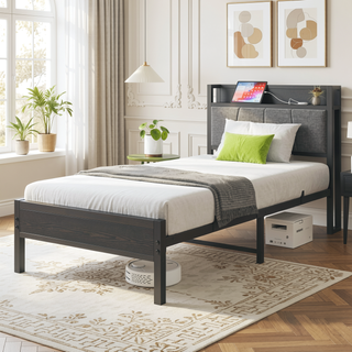 Sunvega Full Size Bed Frame with Storage Headboard and Charging Station Outlets