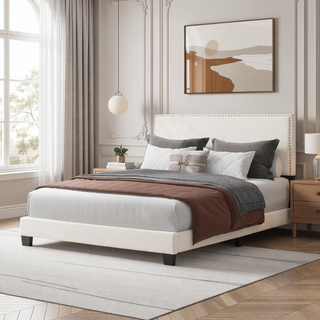 Sunvega Plush Velvet Upholstered Platform Bed with Nailhead Trim and Padded Headboard